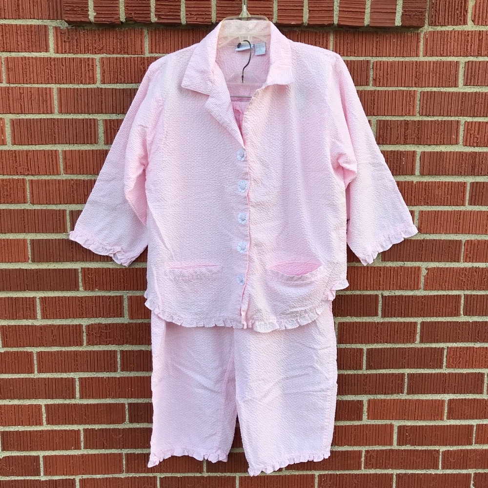 Womens Pink Seersucker Pajama Set sleepwear checked size XL